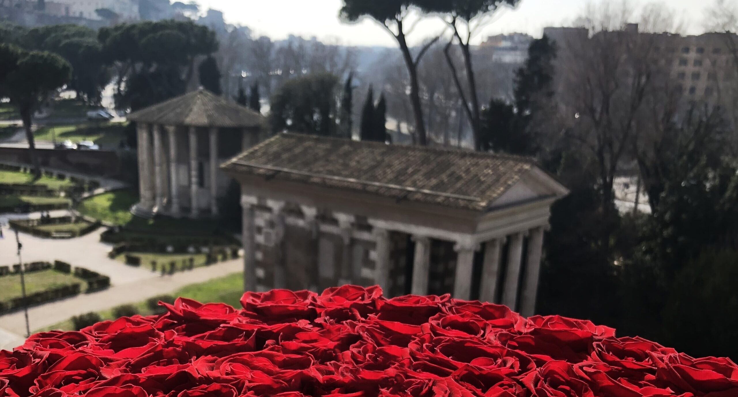 Temple view with red roses